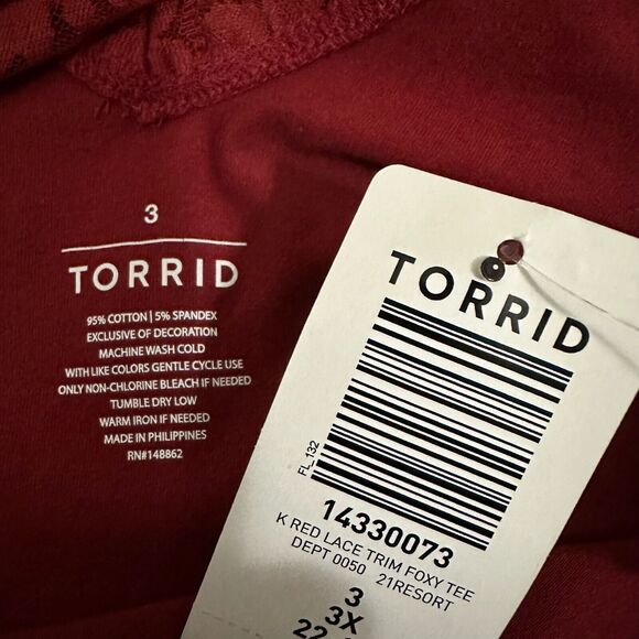 NWT TORRID Dark Red Lace-Trim V-Neck Foxy Tee - Picture 7 of 9